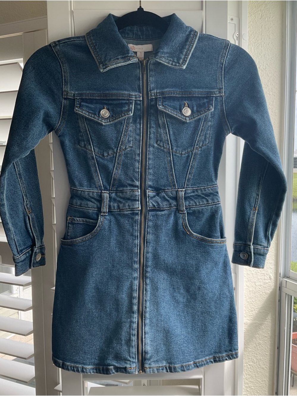 NWT GB Girls Denim Dress Stitch Detailing, Pockets, Full Front Zip, Size SM/7